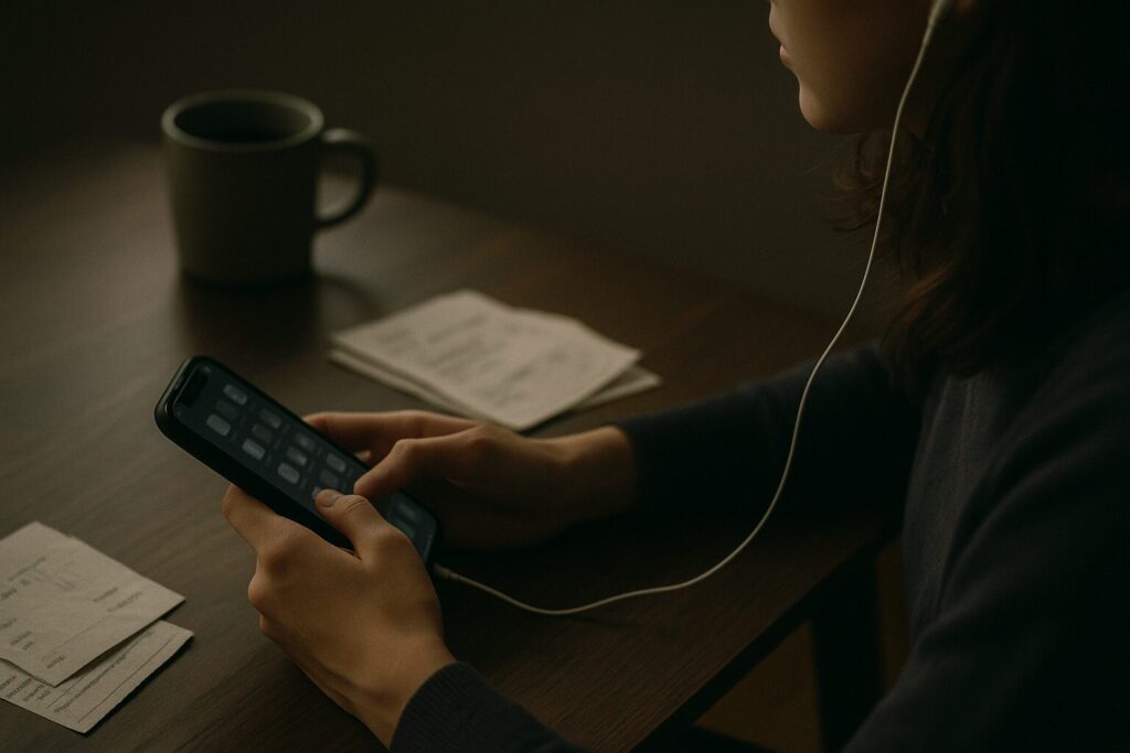 スマホを見つめて考え込む女性。占いに依存。