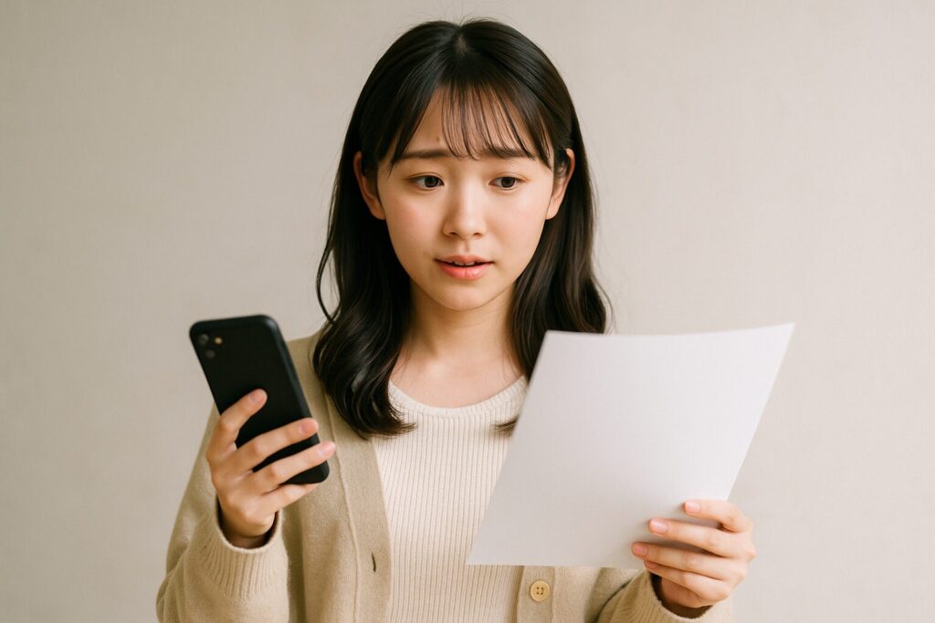 電話占いで騙されたと悩む若い女性がスマホを手にしている。