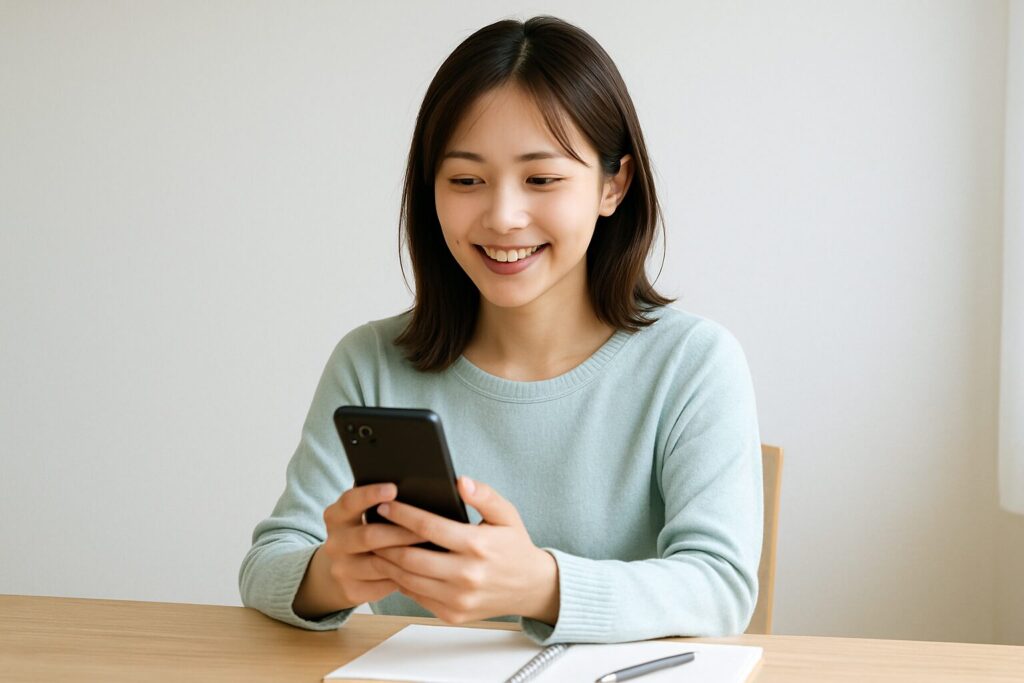 スマホを見ながら安心した笑顔を浮かべる女性。信頼できる電話占いサービスの選び方を知った様子。