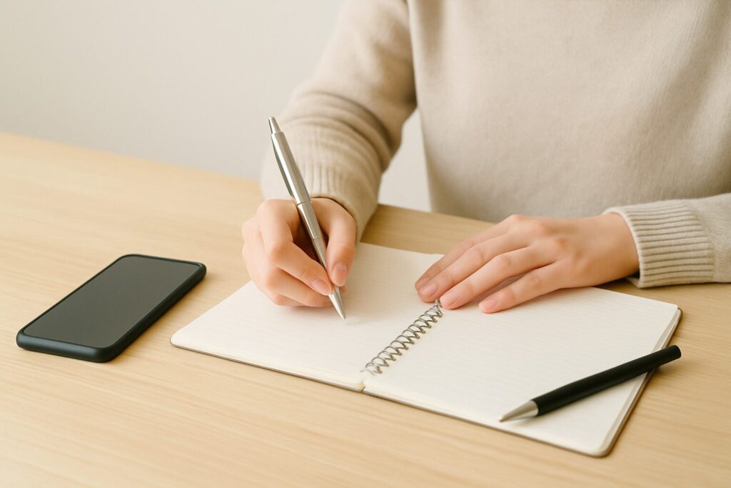 ノートにペンでメモを取る手元の写真。電話占いの学びを整理して次に活かす前向きなまとめ。